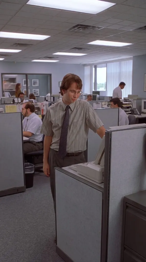 Peter standing in a cubicle, one hand on a beige CRT monitor.