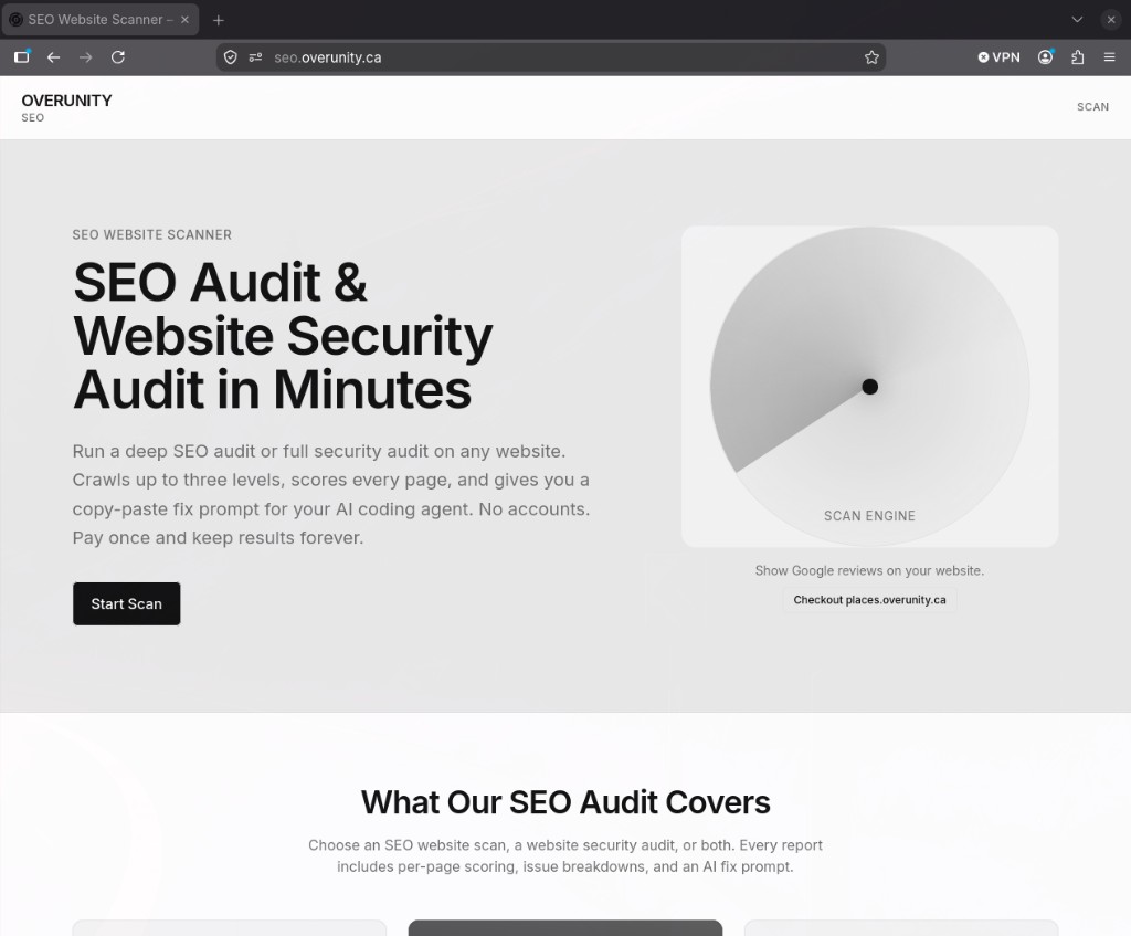 Overunity SEO website scanner homepage — start a scan