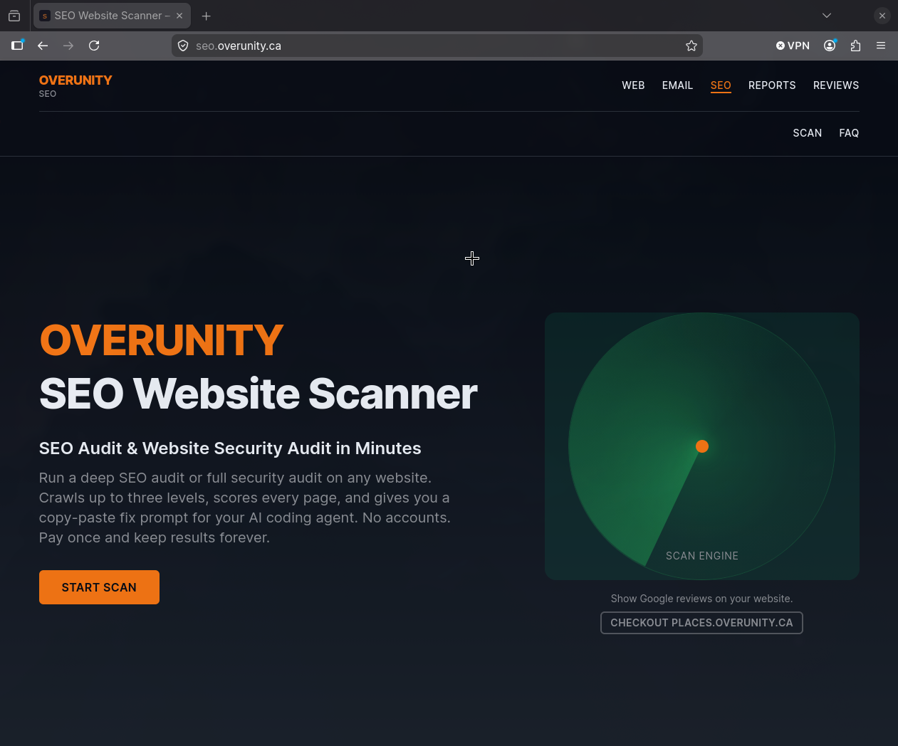 Overunity SEO Website Scanner showing the scan engine radar and audit options