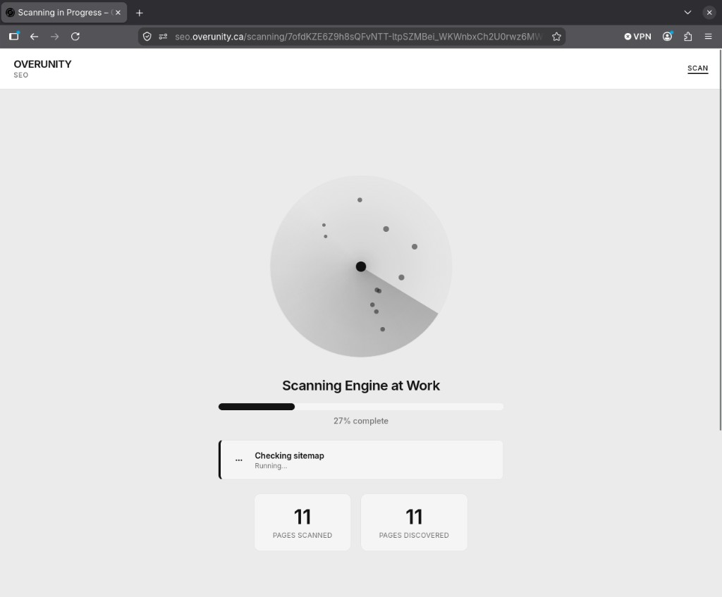 SEO scanner in progress — pages scanned and sitemap check