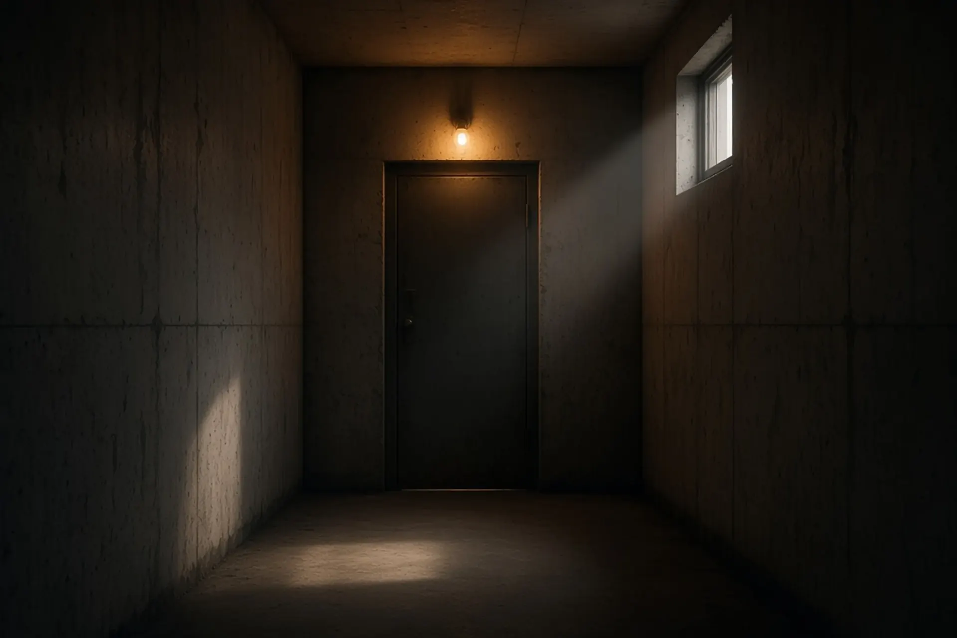 A dim concrete corridor ends at a closed steel door under a single warm bulb.